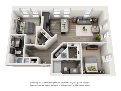 Floor plan for 2 beds, 2 baths, 1051 sqft